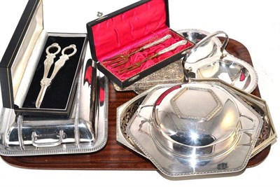 Lot 212 - Entree dish, muffin dish, pierced basket, trefoil dish, pickle forks (cased), grape scissors...