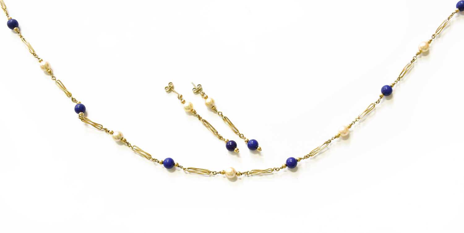 Lot 100 - A 9 Carat Gold Lapis Lazuli and Cultured Pearl...