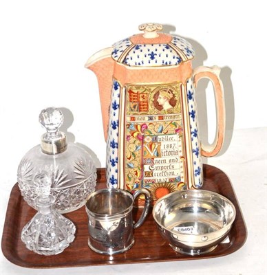 Lot 215 - A silver sugar bowl, glass scent bottle with silver collar, another, Diamond Jubilee jug and...