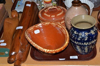 Lot 221 - A tray of ceramics including slipware, stoneware flask, jelly moulds and two carved wooden abstract