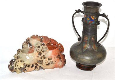 Lot 227 - A Chinese champleve enamel two handled vase and a soapstone triple vase (2)