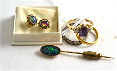 Lot 242 - A 22ct gold band ring, an opal triplet stick pin and matching earrings, a 9ct gold, amethyst...