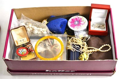 Lot 249 - A box of assorted costume jewellery, including silver pieces, enamelled brooches, wristwatches etc