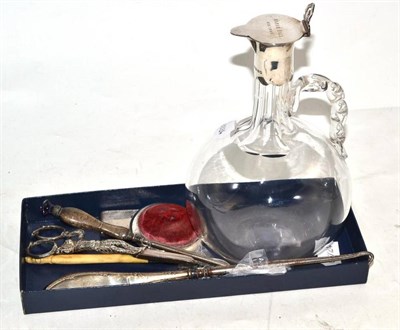 Lot 251 - Silver mounted glass bottle inscribed Marsk Hall 1886, Victorian silver harlequin grape scissors, a