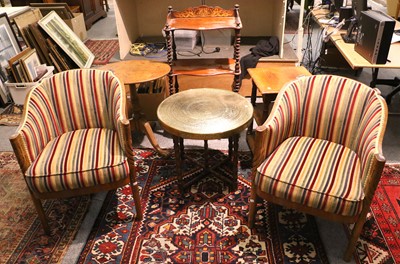 Lot 1224 - A Pair of 1950s Walnut Tub Chairs, an inlaid...