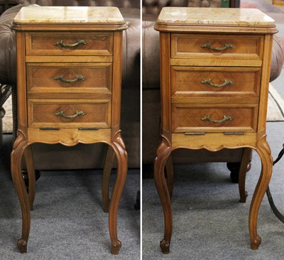 Lot 1035 - A Pair of French Marble Topped Bedside Tables