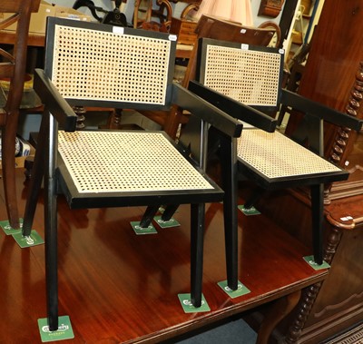 Lot 112 - A Pair of Ebonised Armchairs, with rattan seats