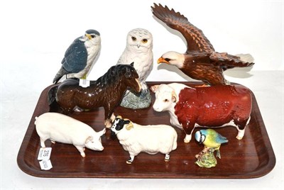 Lot 276 - Beswick, including Bald Eagle, CH of Champions, Hereford bull, two whisky decanters, pig, ram, blue