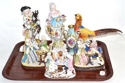 Lot 277 - Pair of Sitzendorf figures, three Continental figure groups, French porcelain vase and a...