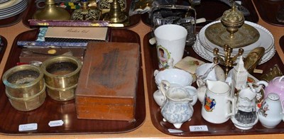 Lot 281 - Souvenir china, two brass wheel hubs, pens, writing sets, brassware, silver teaspoons, hinged...