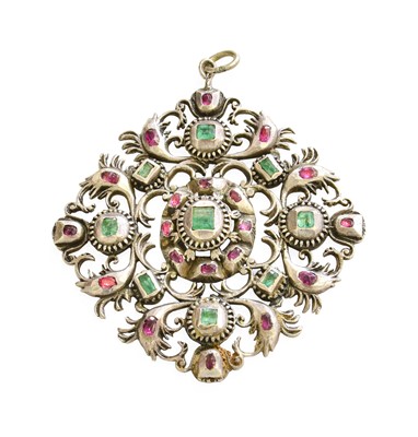 Lot 212 - A Ruby and Emerald Pendant, the square step...