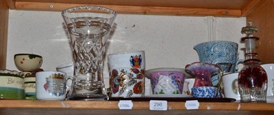 Lot 296 - Shelf of assorted decorative ceramics and glass, commemorative china and pottery etc