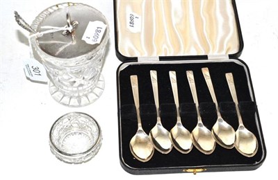 Lot 301 - Six silver teaspoons, salt with silver ring, preserve jar with silver top and a plate jam spoon