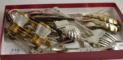 Lot 310 - Two toddy ladles, silver teaspoons, mother-of-pearl opera glasses stamped 'Iris, Paris', and plated