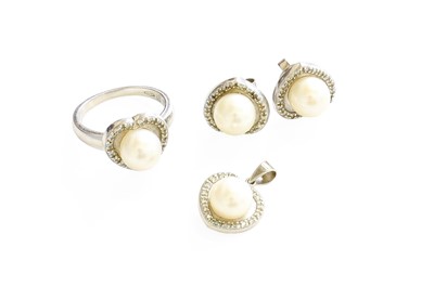 Lot 251 - A Cultured Pearl and Diamond Ring, Pendant and...