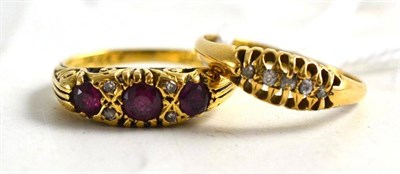 Lot 338 - An 18ct gold diamond five stone ring and an 18ct gold ruby and diamond ring (2)