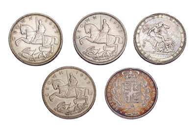 Lot 77 - 5x British Silver Crowns, to include; George...