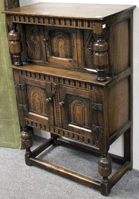 Lot 1414 - A Small Reproduction Oak Court Cupboard, in...