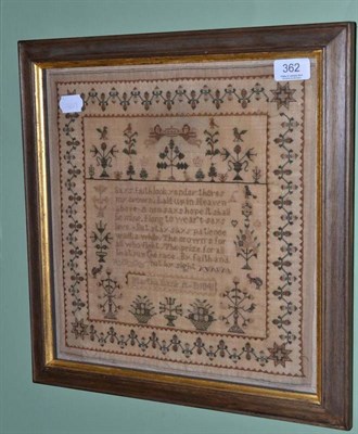 Lot 362 - Framed sampler worked by Martha Lane dated 1845, worked in silk cross stitch with central religious