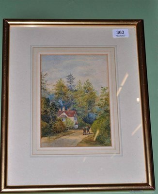 Lot 363 - J.Sowden, figures on a path by a cottage in the woods, signed, watercolour