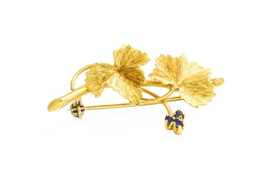 Lot 254 - An 18 Carat Gold Sapphire Leaf Brooch, length...