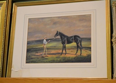 Lot 374 - Joseph Appleyard, A groom holding a dark bay horse, signed, watercolour