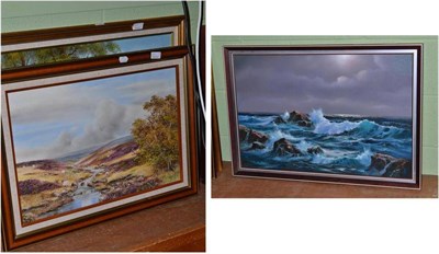 Lot 378 - Framed oil on canvas 'Tide at Dusk' signed Peter Cosslett, modern gilt framed oil of landscape...