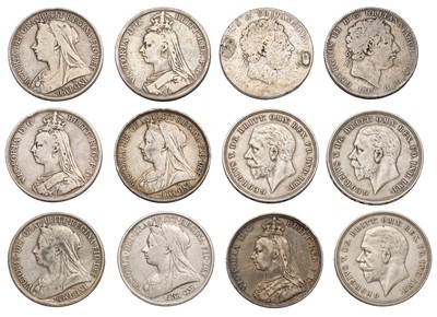 Lot 49 - 12x UK Silver Crowns, comprising; 2x George...