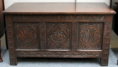 Lot 1086 - An Early 20th Century Carved Panelled Oak Coffer