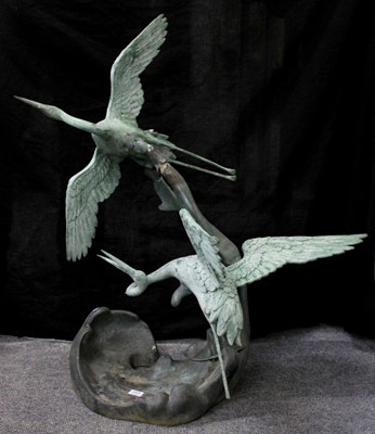 Lot 1121 - A Cast Metal Garden Statue, Cranes in flight,...