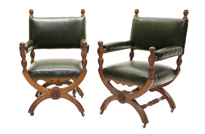 Lot 254 - A Pair of Gillows Carved Oak X-Form "Curule"...