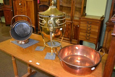 Lot 454 - Copper coal hod, copper two handled bowl and brass coal box and cover (3)