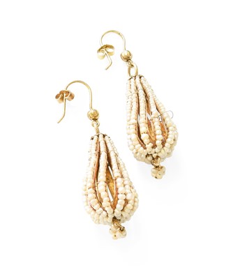 Lot 455 - A Pair of Seed Pearl Drop Earrings, the cage...