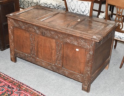 Lot 94 - An 18th Century Carved Oak Three Panel Coffer,...