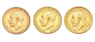 Lot 272 - 3x George V, Sovereigns 1911, 1912, and 1913;...