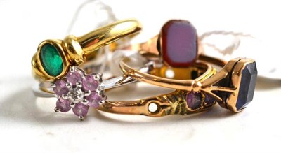 Lot 339A - A 15ct gold garnet five stone ring, a carnelian ring, a 9ct white gold diamond and pink stone...