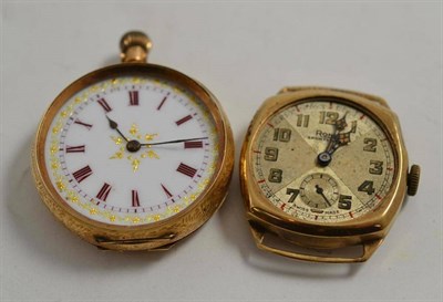 Lot 6 - A lady's fob watch with case stamped 14c and a gentleman's Rone 9ct gold wristwatch (2)