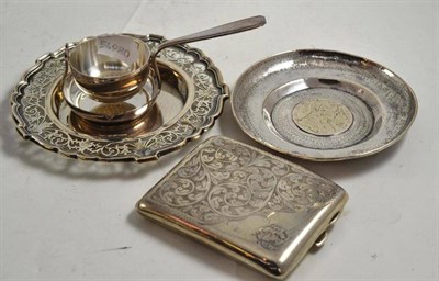 Lot 14 - An antique silvered metal dish set with a Crown dated 1780, a pierced silver dish, a cigarette case