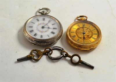 Lot 16 - A lady's fob watch with case stamped '18k' and a lady's silver fob watch (2)