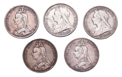 Lot 97 - 5x Victoria Crowns, comprising; 1887, 1890,...