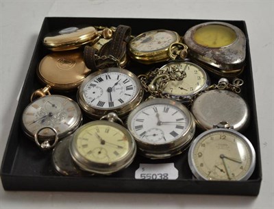 Lot 32 - Ten plated pocket watches, two silver pocket watches, lady's wristwatch stamped 375