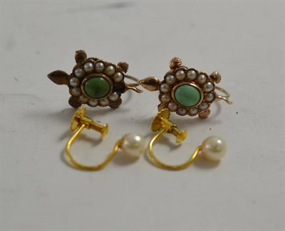 Lot 37 - A pair of turquoise and split pearl turtle motif earrings and a pair of cultured pearl earrings...