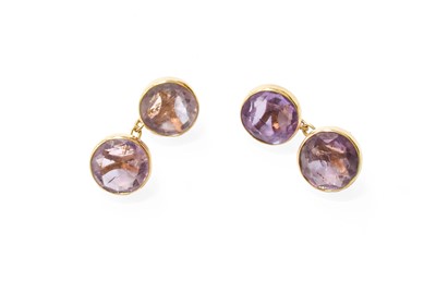 Lot 381 - A Pair of Amethyst Cufflinks, the chain linked...