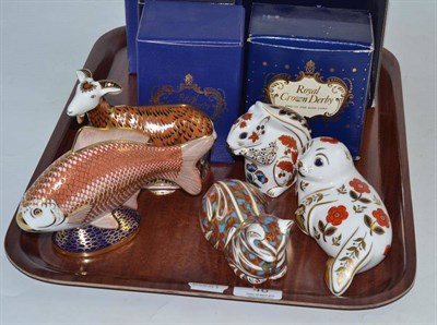 Lot 46 - Five Royal Crown Derby paperweights; Squirrel - gold stopper; Nanny Goat - gold stopper, Fish -...