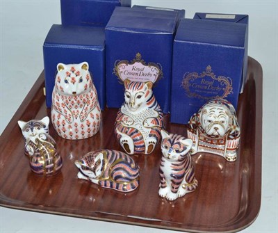 Lot 49 - Six Royal Crown Derby paperweights all with gold stoppers: Tiger Cub, Playful Kitten, Kitten,...
