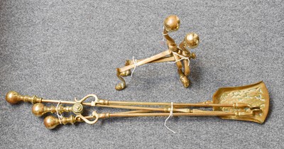 Lot 195 - A Set of Three Brass Fire Tools and a Pair of...