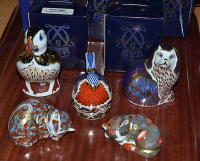 Lot 60 - Five Royal Crown Derby paperweights with gold stoppers: King Charles Spaniel, Nesting Robin,...
