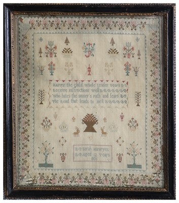 Lot 2128 - A Pictorial Sampler Worked by Sarah Hawyes,...