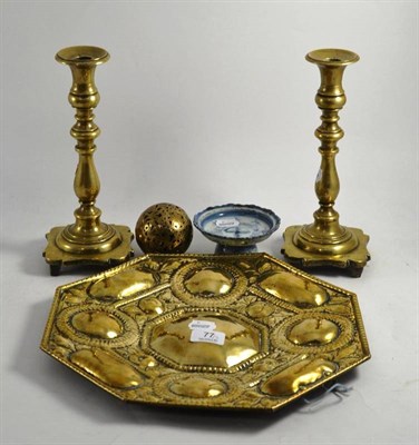 Lot 77 - Pair of early 19th century candlesticks, Dutch brass hand warmer, Chinese provincial stem cup and a