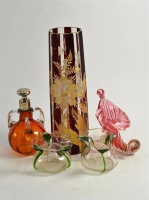 Lot 84 - A silver mounted amber glass flask, a pair of Stuart style peacock globular vases, a Venetian...